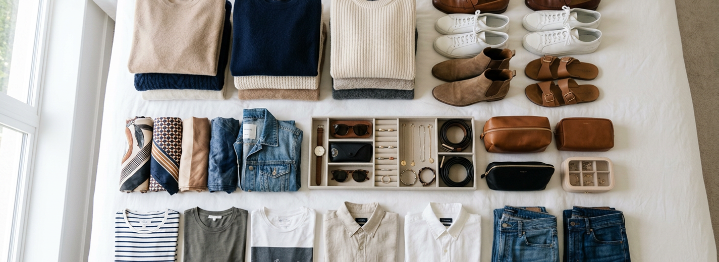 Organized wardrobe layout with folded clothes, shoes, and accessories arranged neatly for outfit planning and closet organization